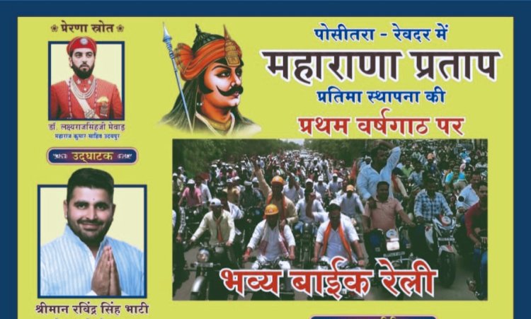 महाराणा प्रताप की प्रतिमा स्थापना की प्रथम वर्षगांठ पर सिरोही के पोसीतरा में भव्य बाइक रैली का आयोजन